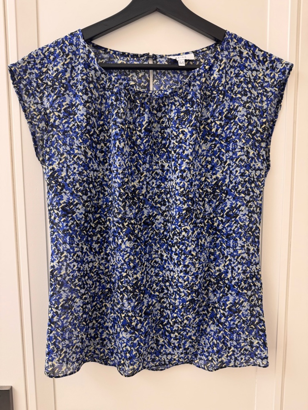 Reiss Blue and White Patterned Cap-Sleeve Blouse